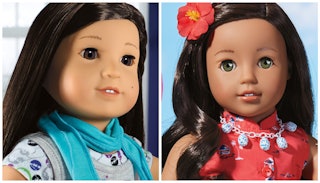 A two-part collage with the Korean and Hawaiian American Girl Doll