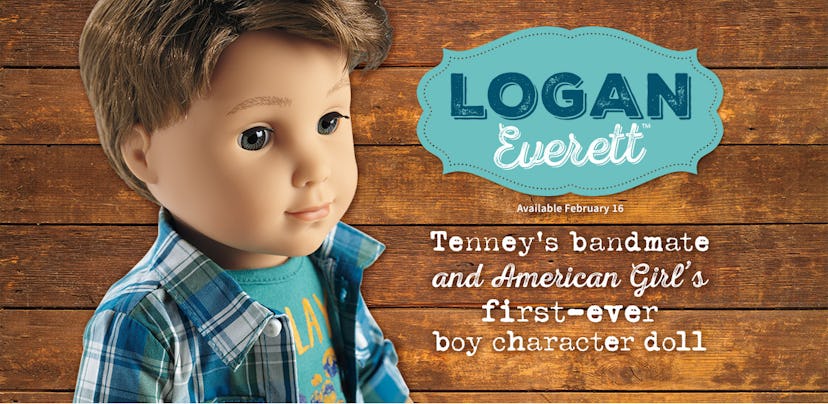 Logan Everett doll with a description of him as American Girl's first-ever boy character doll.