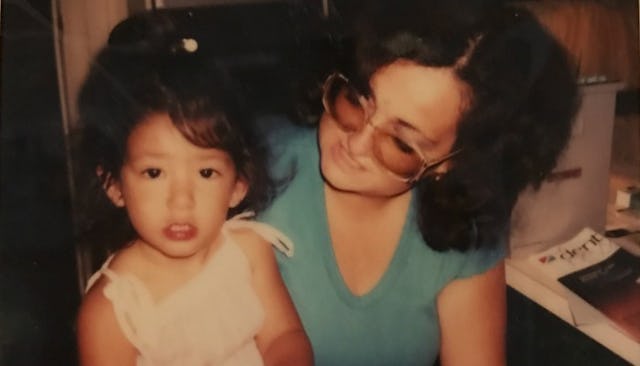 Bridget Placek as a toddler and her mother sitting and smiling next to her