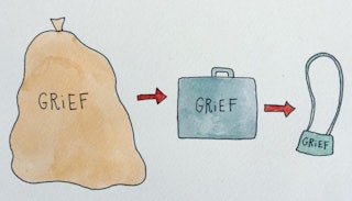 The pain of grief illustrated in the shape of three different weight shapes from the heaviest to the...