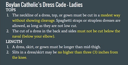 The neck line, cut and length section of the 21 page dress code