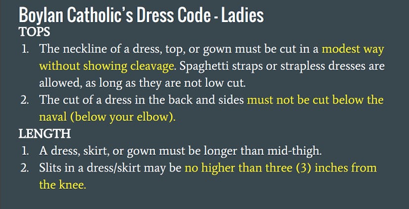 The neck line, cut and length section of the 21 page dress code