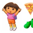 Dora the Explorer, Crocs, Flute, Clown, Slice of pizza 