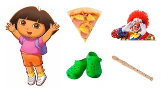 A collage with Dora the Explorer, Crocs, a Flute, a Clown, and a slice of pizza 