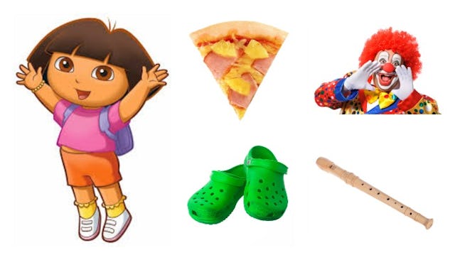 A collage with Dora the Explorer, Crocs, a Flute, a Clown, and a slice of pizza