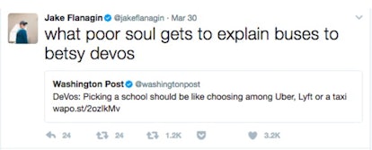 A tweet criticizing a statement made by Betsy DeVos regarding choosing the right school for your chi...