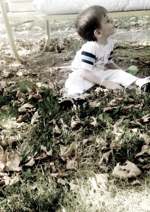 A boy sitting on a pile of leaves outside and playing