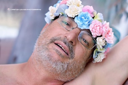 Dad's maternity photo, a close up with a crown of flowers