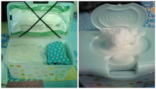Two images of an empty wipe container made into a fully portable diaper-changing kit.