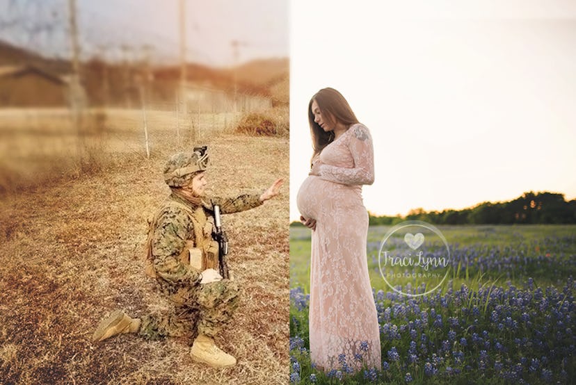 A deployed soldier and his pregnant wife photoshopped to stand together, but they are miles apart.