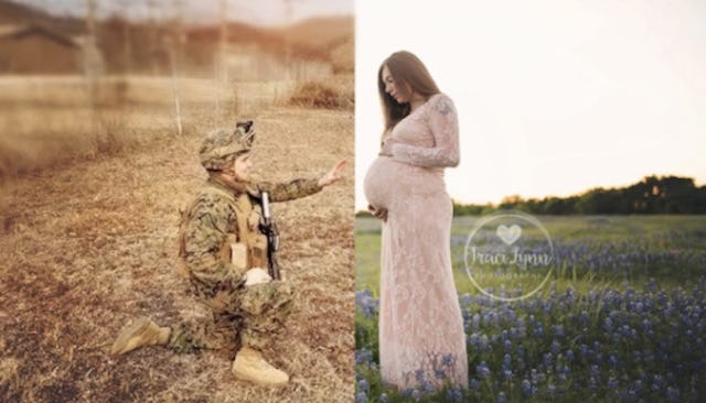 A photoshopped soldier and his pregnant wife stand beside each other, even though they are miles apa...
