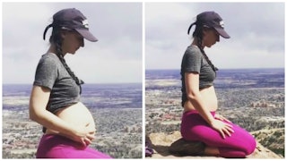 A pregnant woman displaying her belly bump on the left, the same woman making her pregnancy bump dis...