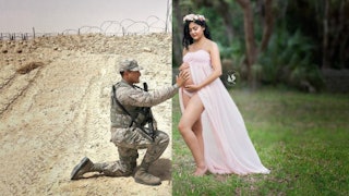 Side-by-side image of deployed husband caressing his pregnant wife's belly