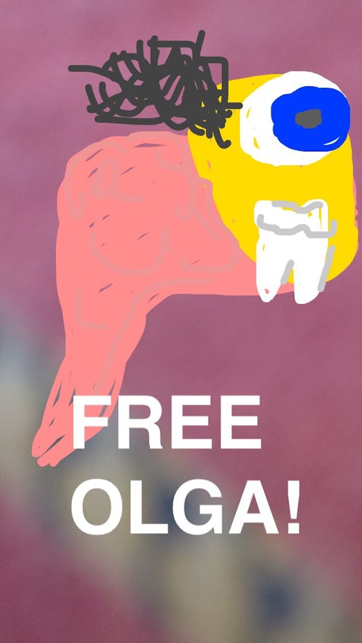Illustration of a caricature yelling "Free Olga!"
