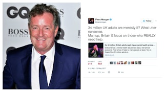 Piers Morgan on the left side and his tweet about mentally ill people in Britain on the right.