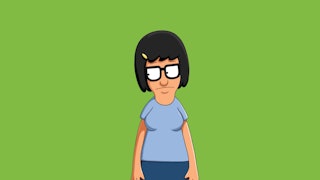 The cartoon character Tina Belcher in a blue shirt and navy trousers with a green background
