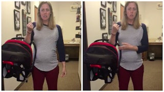 Woman showing how to carry an infant car seat the correct way to avoid pain