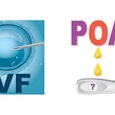 A blue orb and a needle near it next to a picture of text "POAS" with two yellow drops falling from ...