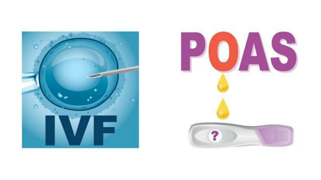A blue orb and a needle near it next to a picture of text "POAS" with two yellow drops falling from ...