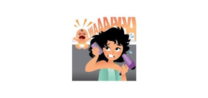 Emoji of a woman in a green towel drying and combing her hair while her baby cries in the background...