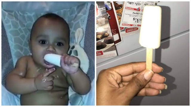 Picture of a baby using the Milksicle for teething and a picture of a woman holding the Milksicle in...