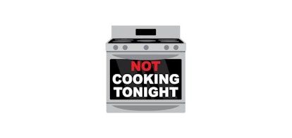 Emoji of a gray and black oven with "Not cooking tonight" white and red colored text on it