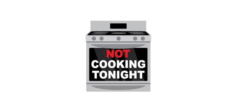 Emoji of a gray and black oven with "Not cooking tonight" white and red colored text on it