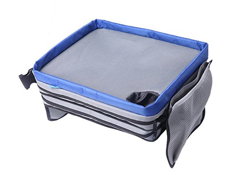 A grey and blue travel tray for kids in car seats