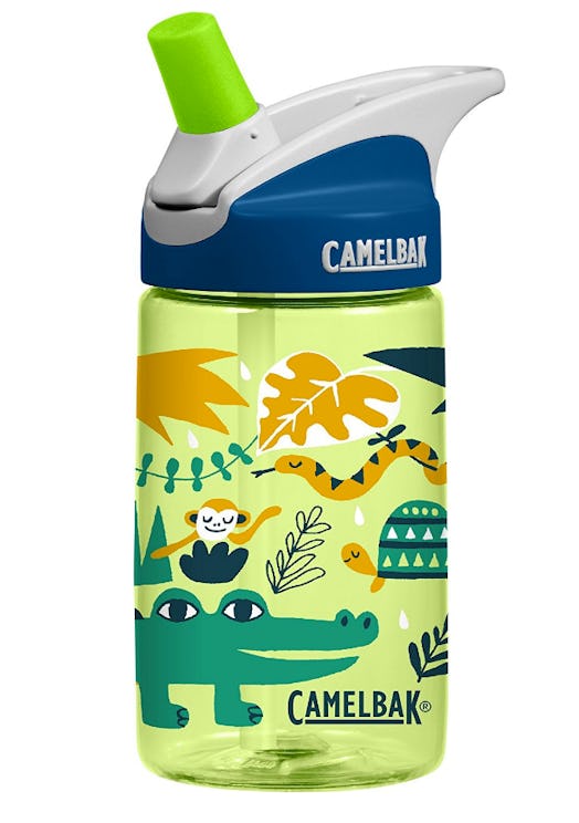 A green, blue, white, and orange reusable water bottle by CamelBak with an animal print on the bottl...