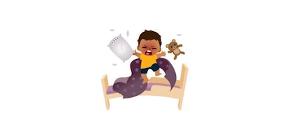 Emoji of a kid wearing yellow shirt and blue shorts and jumping on a bed throwing a pillow and teddy...