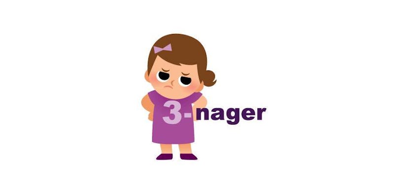 Emoji of a brown haired girl wearing a purple dress with "3-nager" text on it and a bow tie in her h...
