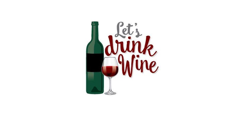 Emoji of a bottle of wine and wine glass half filled with wine with "Let's drink wine" text in front...