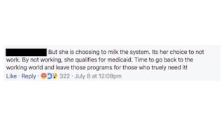 Facebook comment saying a woman is milking the system and should go back to working world.