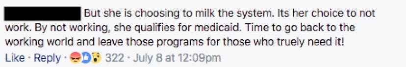 A Facebook comment about a woman who is milking the system and should go back to the working world.