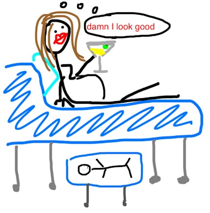 Doodled character of a mom laying down, sipping on a martini, with her newborn resting comfortably i...