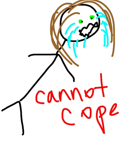 The mom is crying profusely with writing below her in red that reads "cannot cope". 