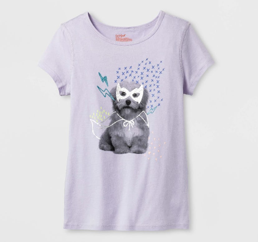 A white T-Shirt with a puppy and lightning bolts