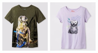 A sensory-friendly t-shirt with a dinosaur and a t-shirt with a puppy