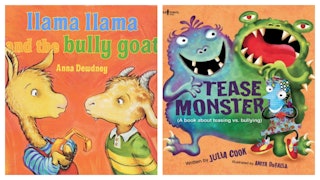 Anna Dewdney's 'LLama llama and the bully goat' on the left; Julia Cook's 'Tease Monster' on the rig...