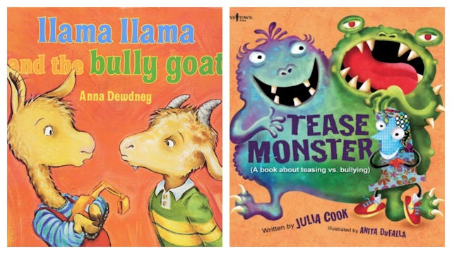 Anna Dewdney's 'LLama llama and the bully goat' on the left; Julia Cook's 'Tease Monster' on the rig...