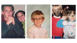 A three-part collage of Chrysta Chapman with her cousin as children