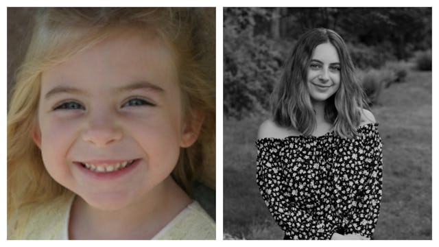 A two-part collage of a girl when she was was a child and when she grew up