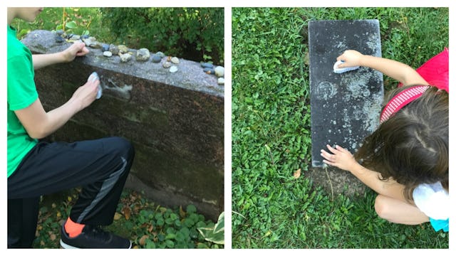 A collage photo of kids cleaning gravestones at the cemetery.