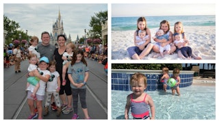 Three photos of parents travelling with their kids: family trip, kids on the beach, kids playing in ...