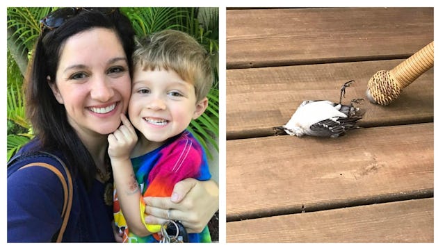 A mother and her son hugging and smiling on the left, and a dead bird on the ground on the right.