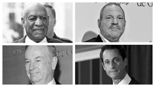 A four-part collage of men accused of sexual assault: Bill Cosby, Harvey Weinstein, Bill O'Reilly, a...