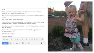 An e-mail praising the behavior of the student with a photo of the kid on the left 