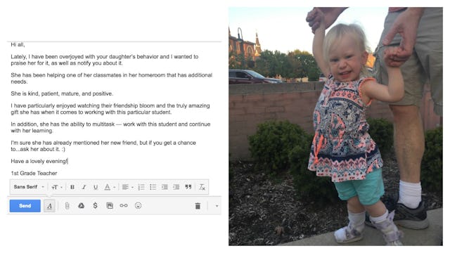 An e-mail praising the behavior of the student with a photo of the kid on the left