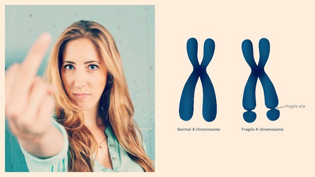 A collage of a blonde woman showing her middle finger next to an illustration of a normal and a frag...