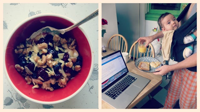 A two-part collage of baby food on a red plate next to a mother carrying her baby while holding food...